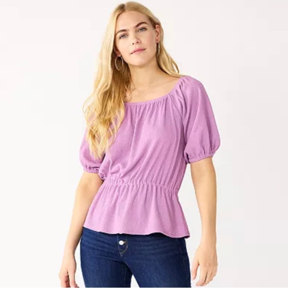NEW Women's Nine West Puff Sleeve Square Neck Peplum Top